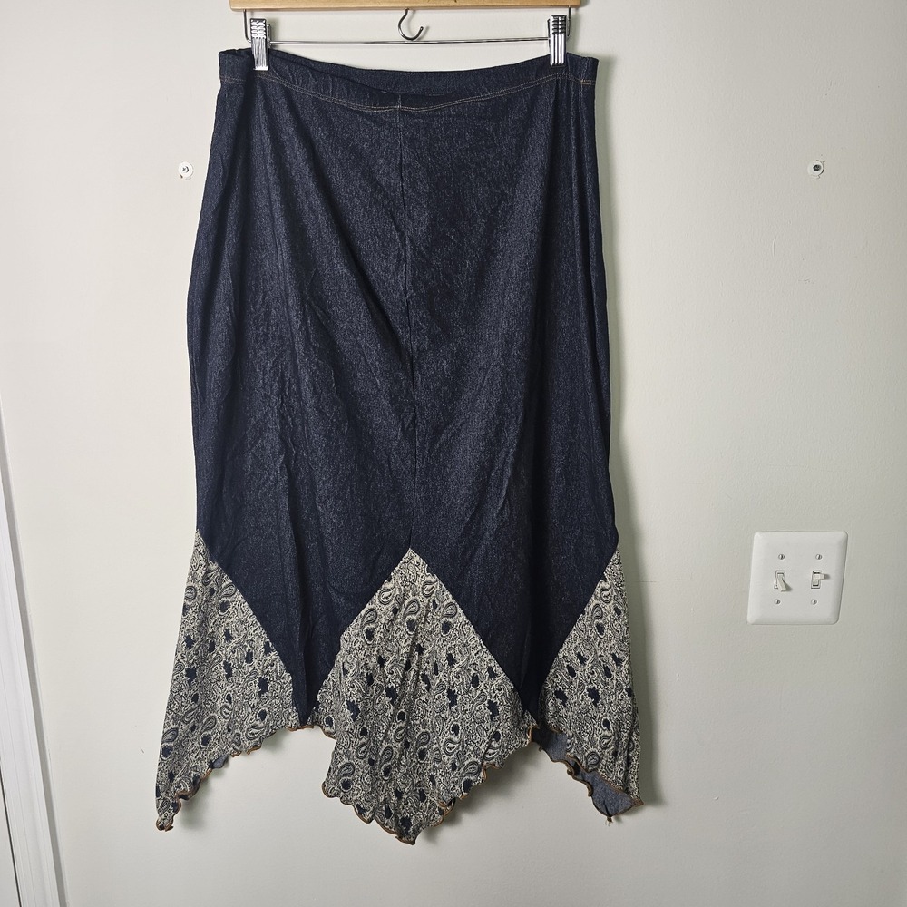VTG XL Blue Knit Midi Skirt A-Line Asymmetric Hem Floral Print Accent Y2K Fairy - Picture 2 of 7